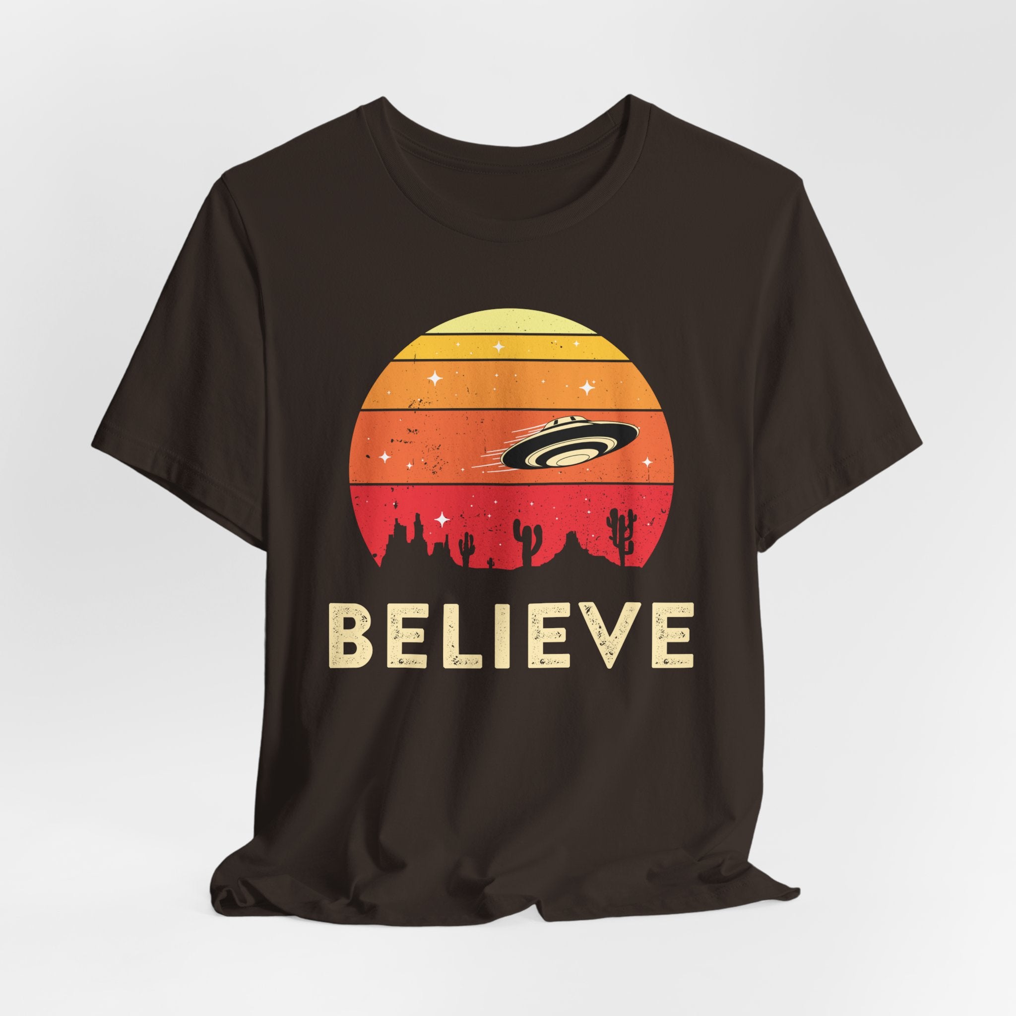 Believe UFO Tee — Retro Desert Sunset Alien Shirt