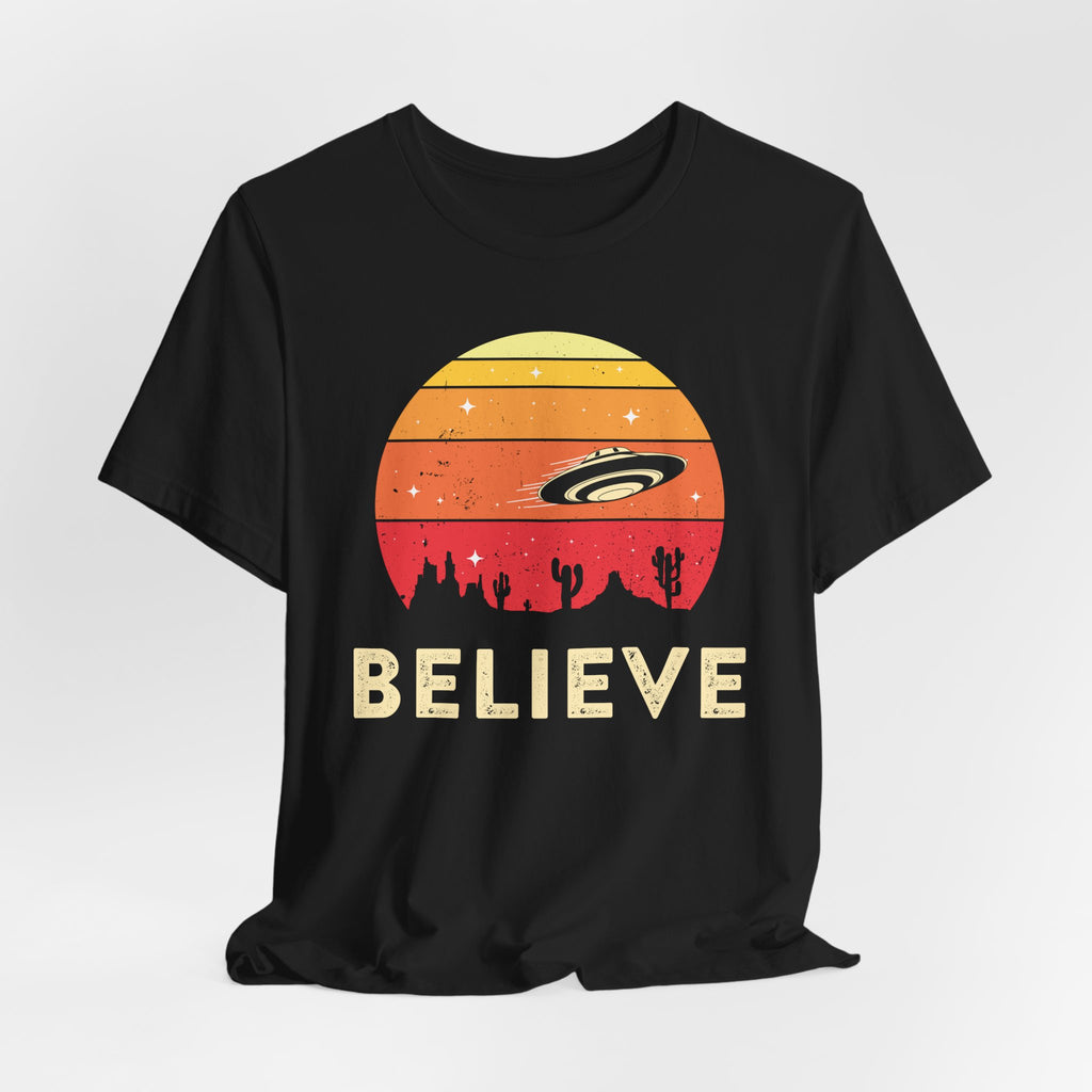Believe UFO Tee — Retro Desert Sunset Alien Shirt