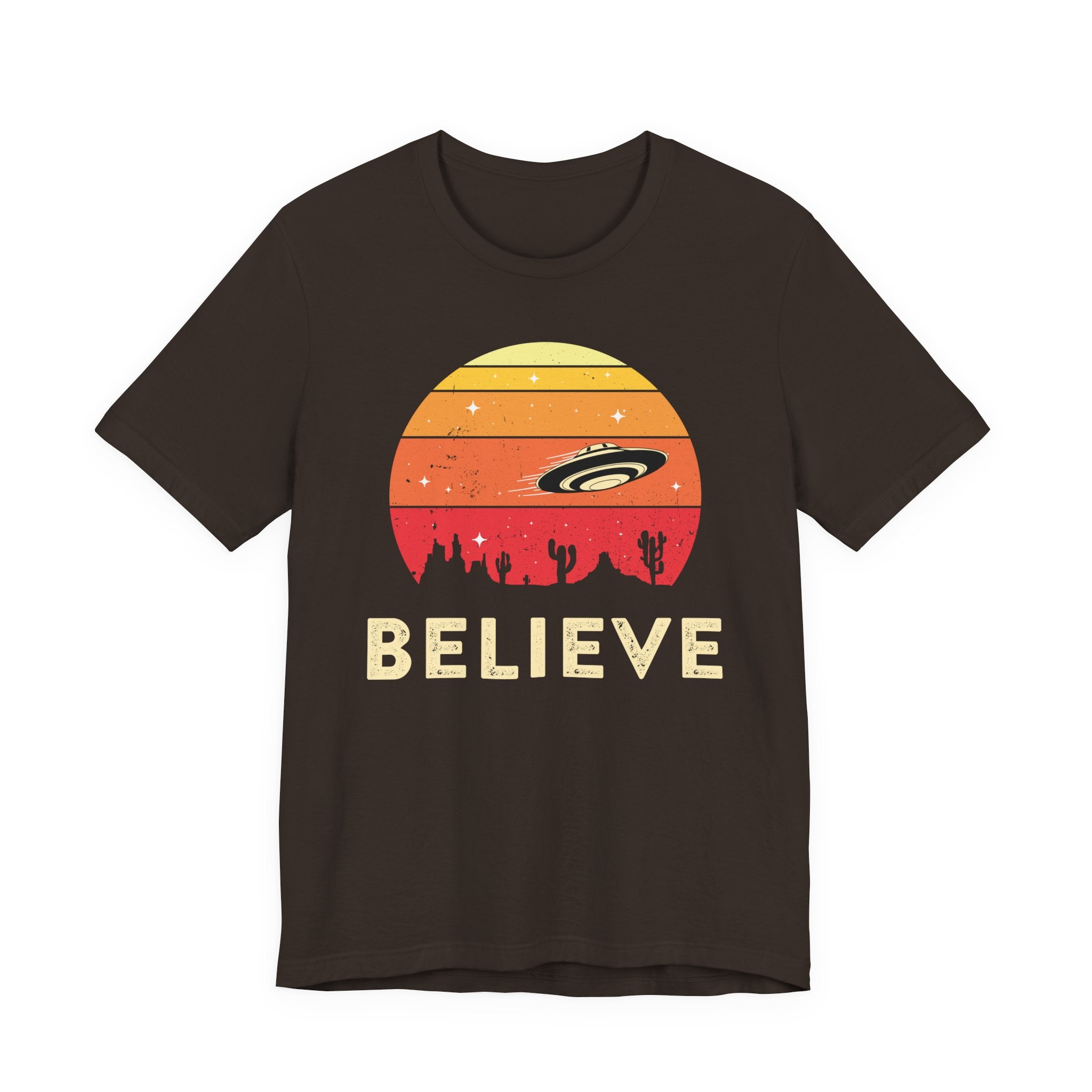 Believe UFO Tee — Retro Desert Sunset Alien Shirt
