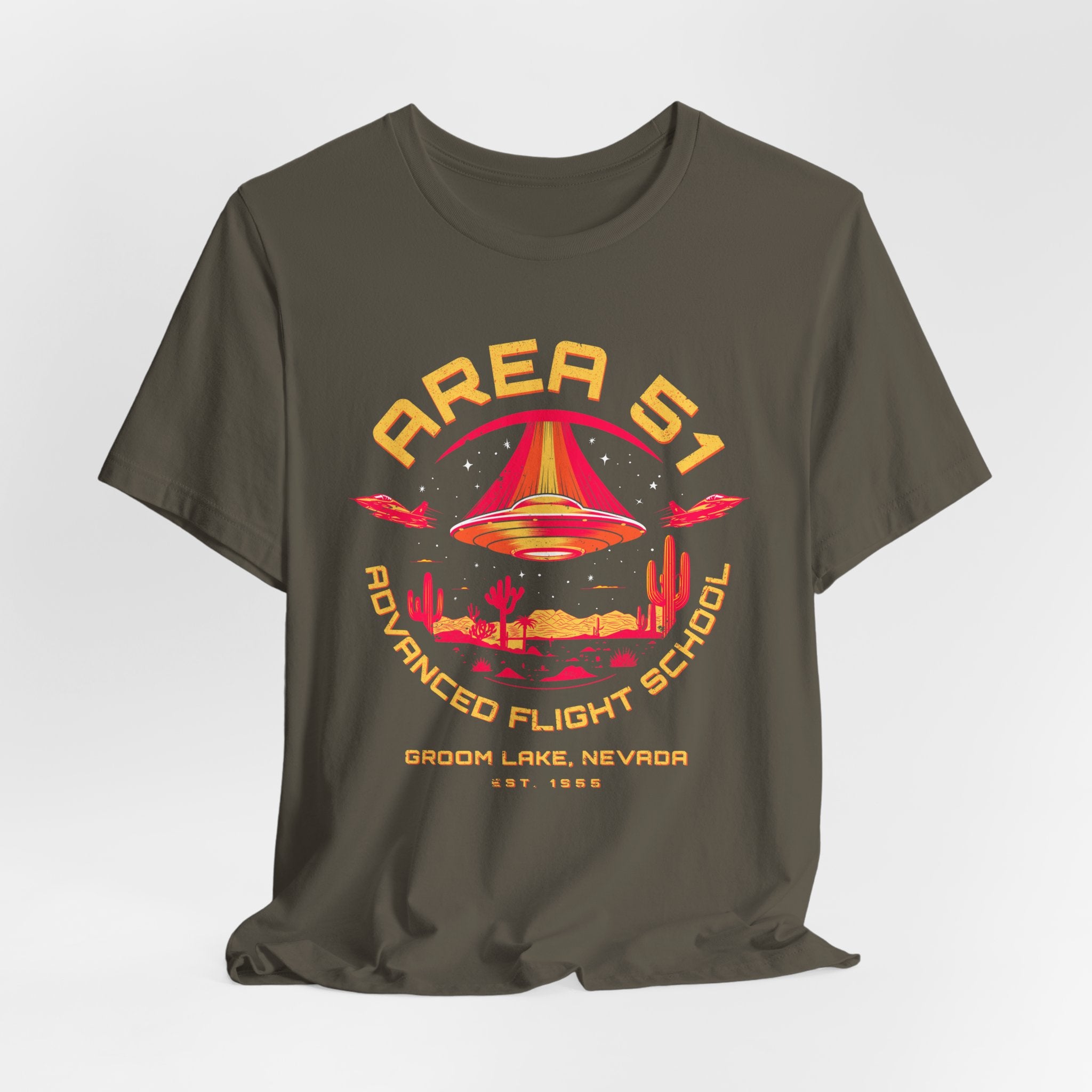 Area 51 Advanced Flight School T‑Shirt — Retro UFO Desert Graphic Tee