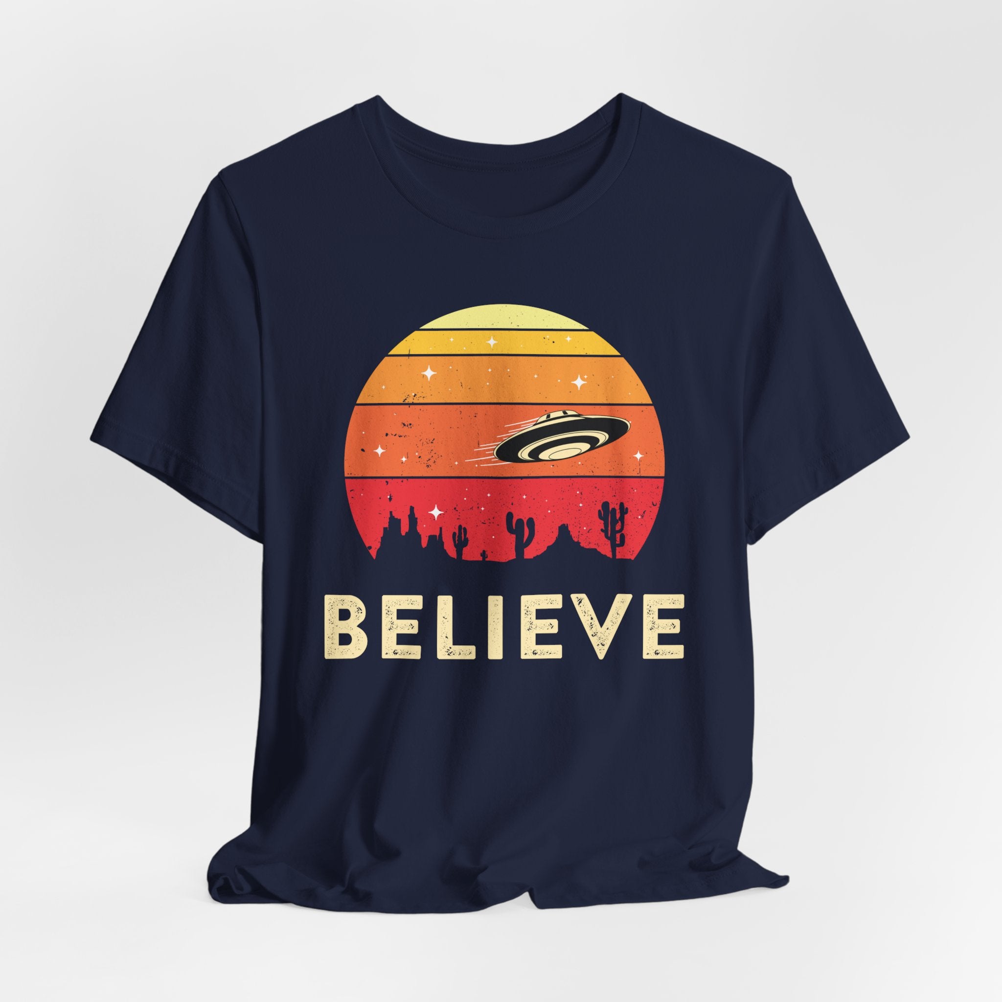 Believe UFO Tee — Retro Desert Sunset Alien Shirt