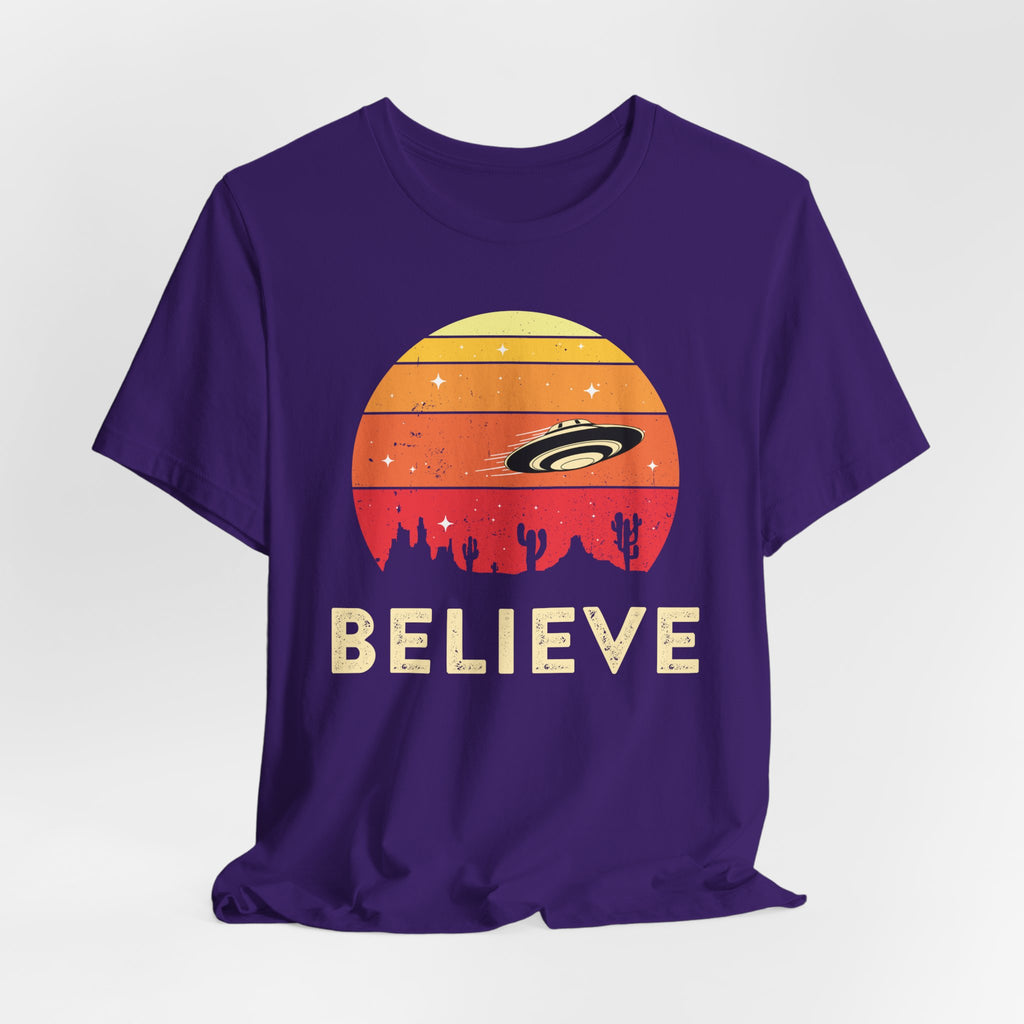 Believe UFO Tee — Retro Desert Sunset Alien Shirt