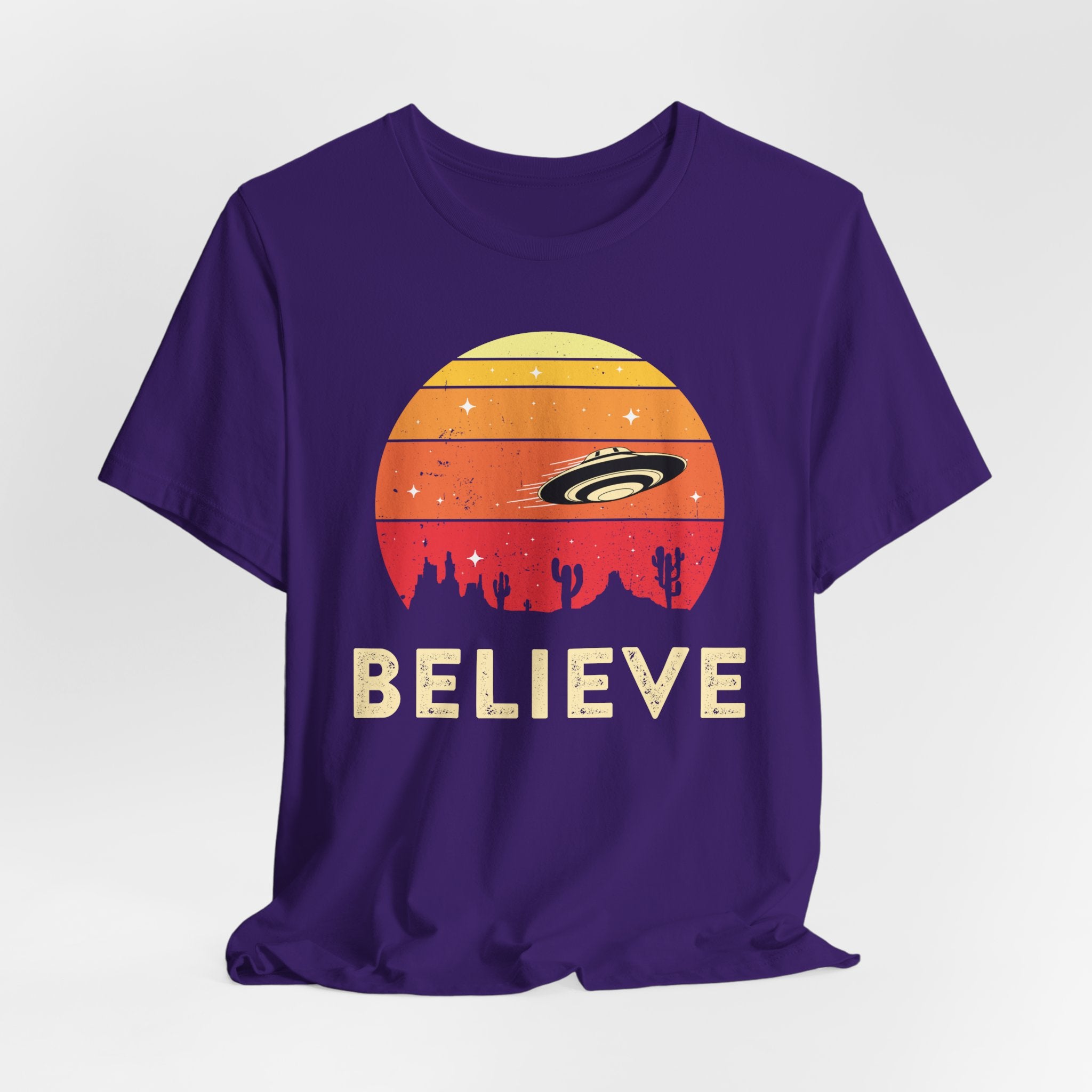 Believe UFO Tee — Retro Desert Sunset Alien Shirt