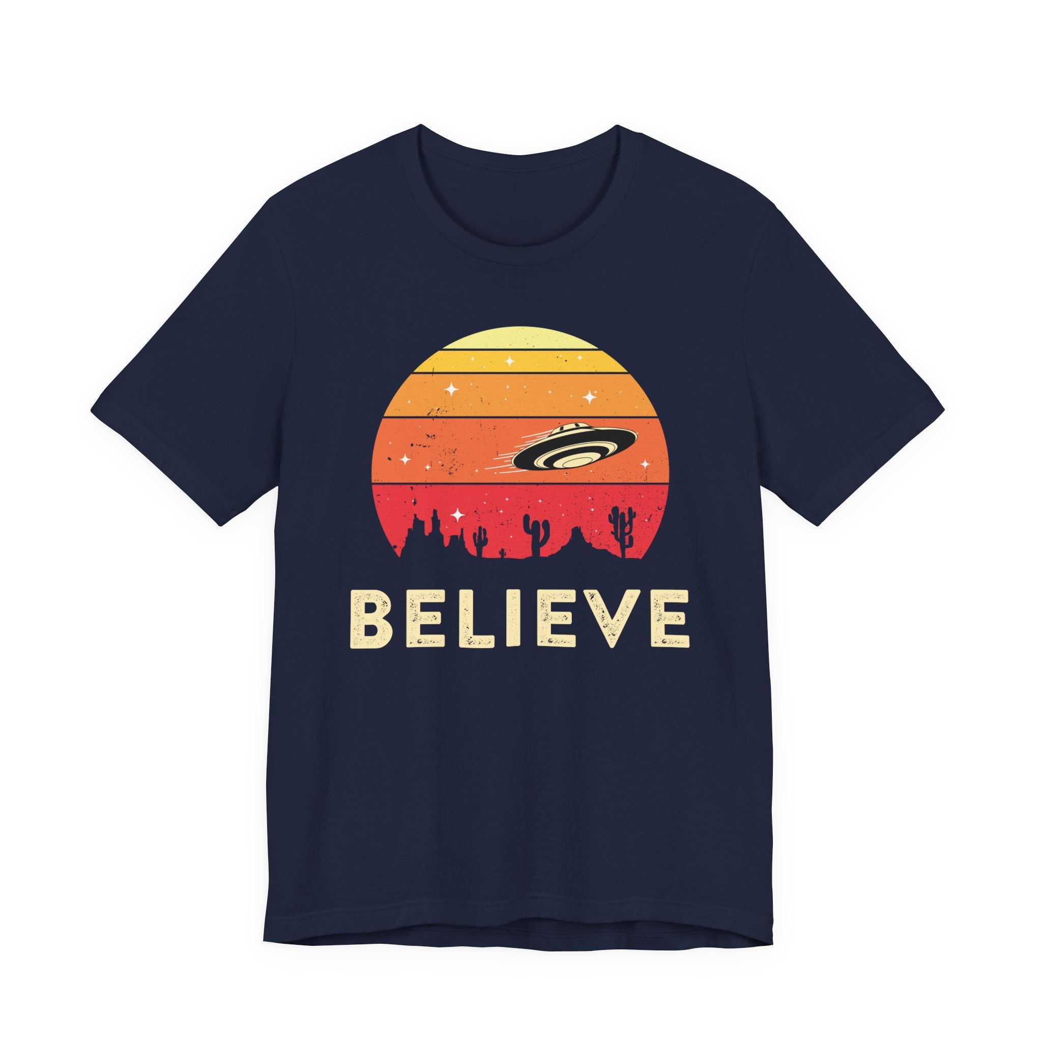 Believe UFO Tee — Retro Desert Sunset Alien Shirt