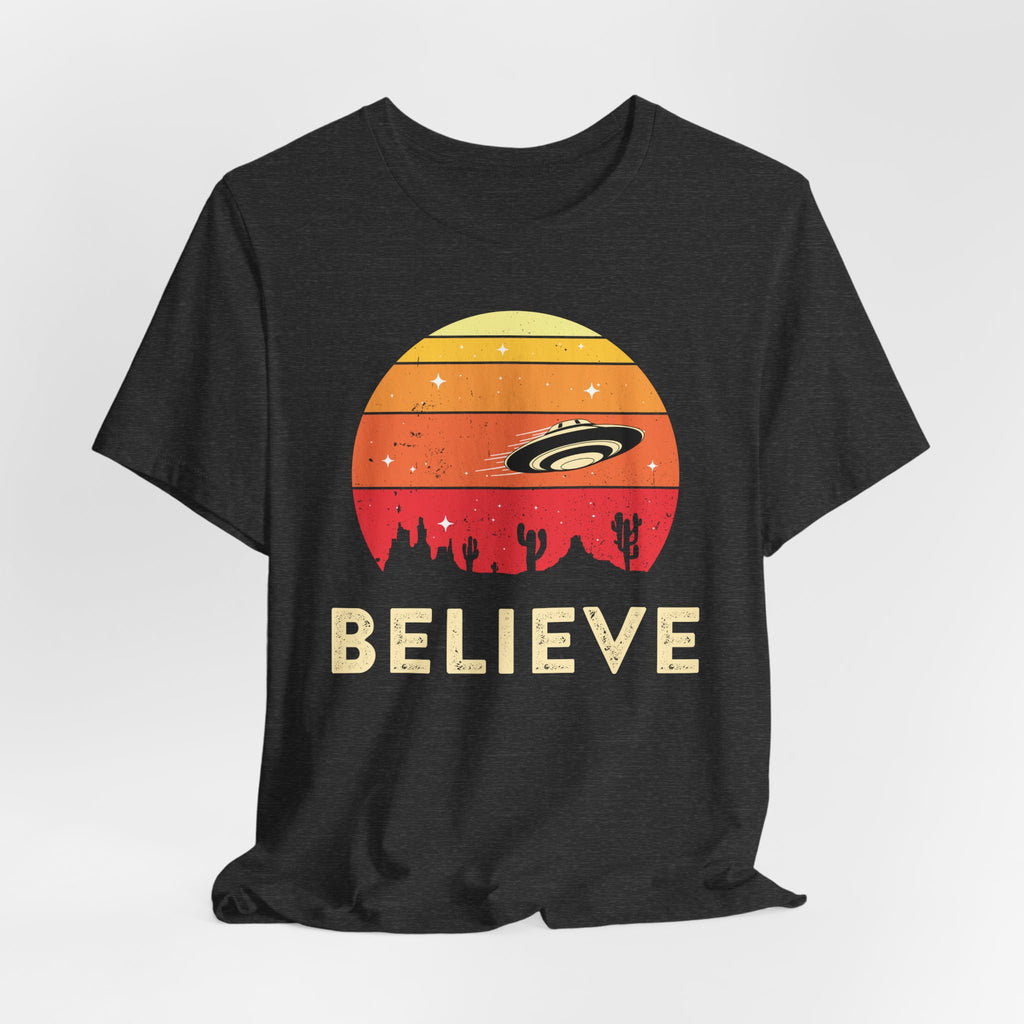 Believe UFO Tee — Retro Desert Sunset Alien Shirt