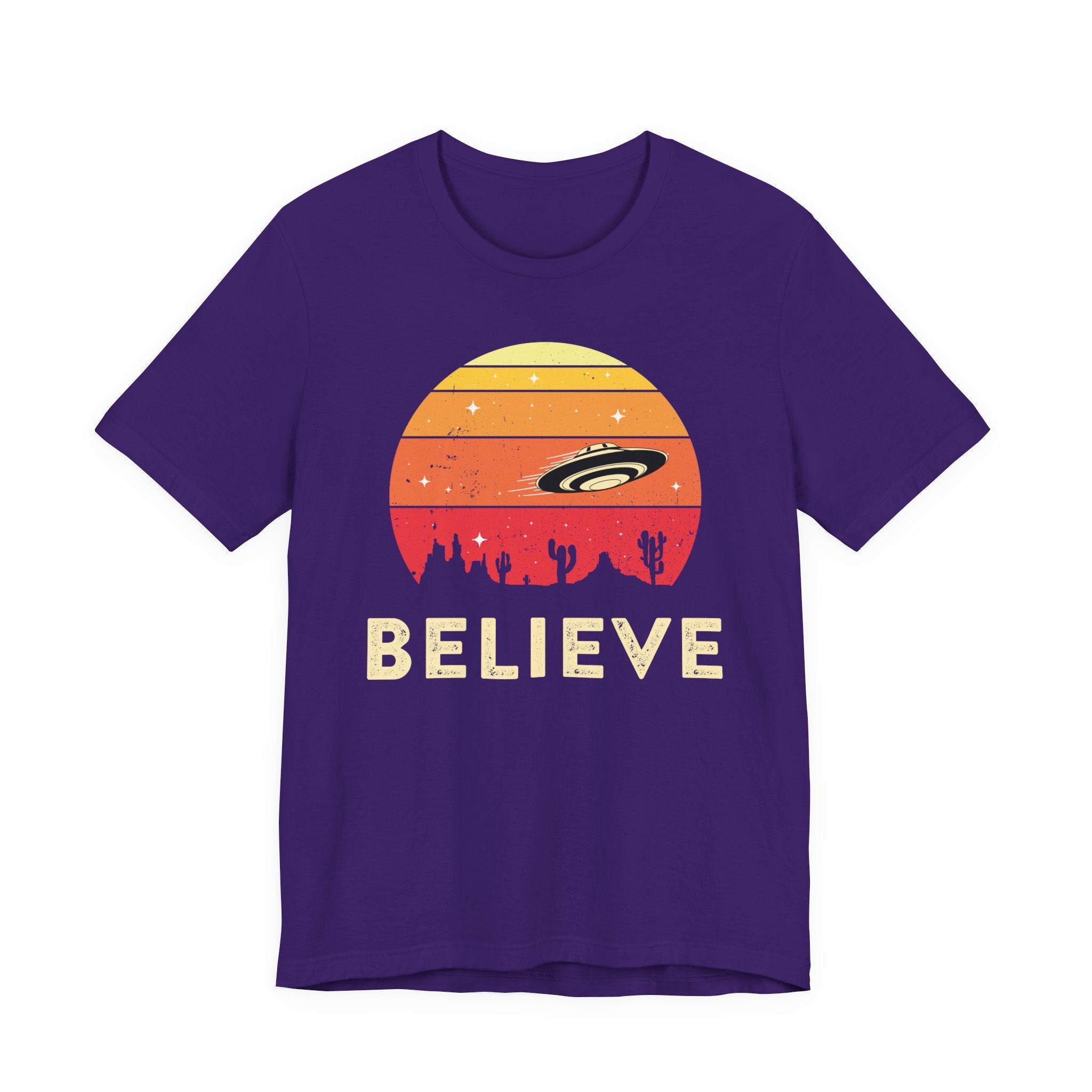 Believe UFO Tee — Retro Desert Sunset Alien Shirt