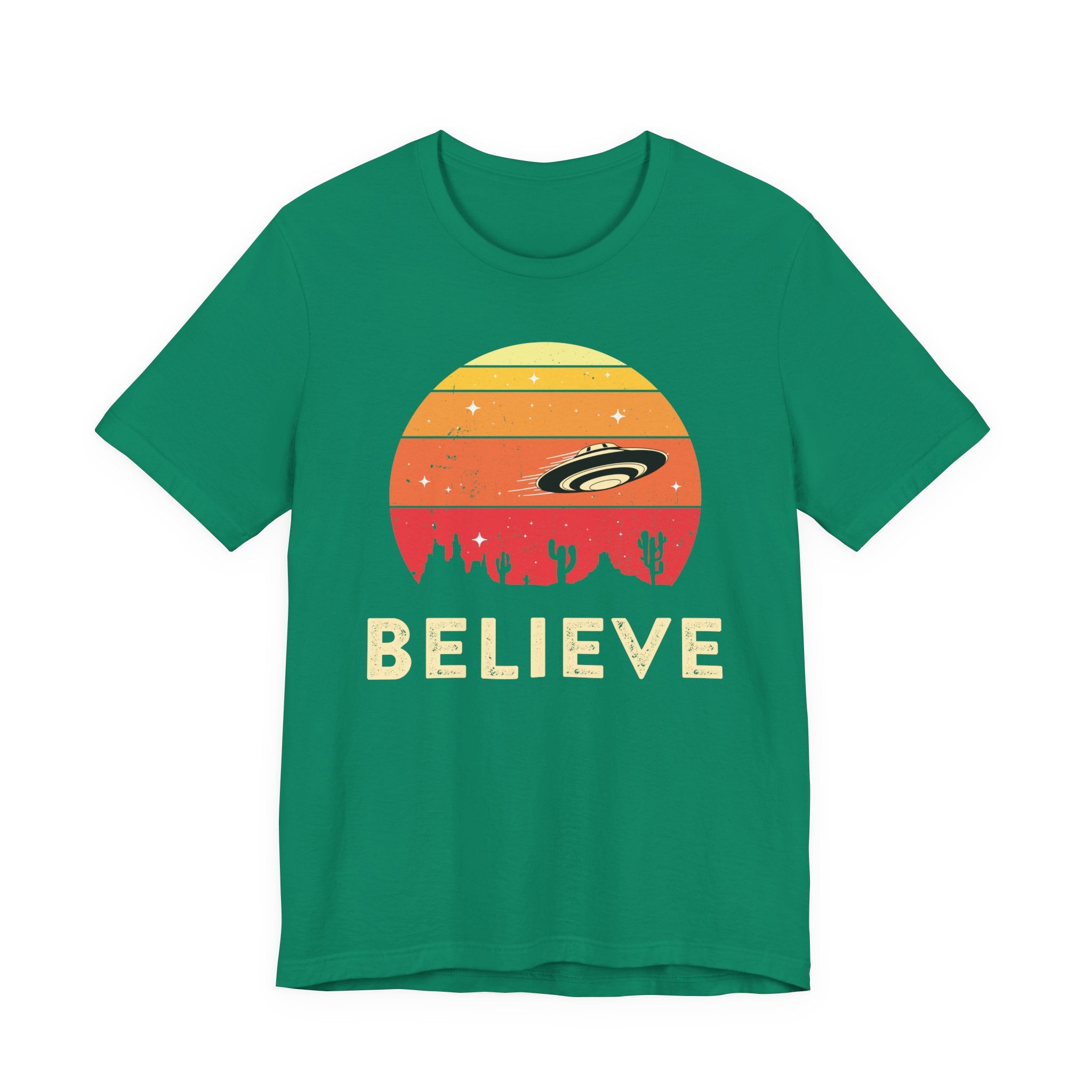 Believe UFO Tee — Retro Desert Sunset Alien Shirt