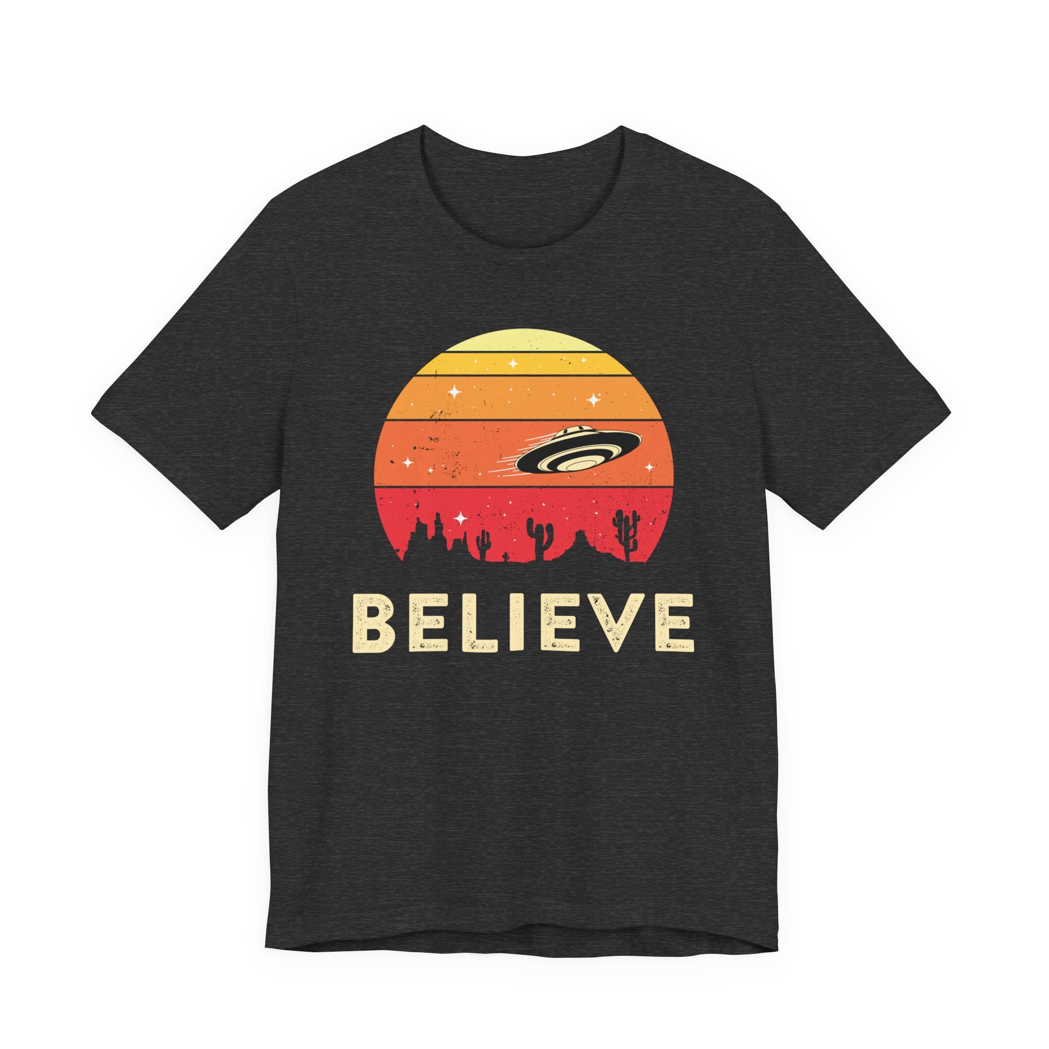 Believe UFO Tee — Retro Desert Sunset Alien Shirt