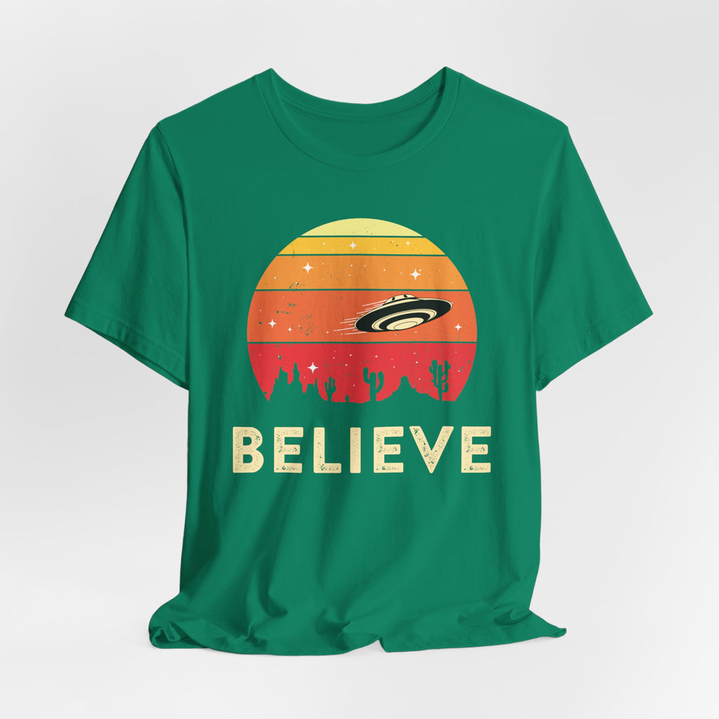 Believe UFO Tee — Retro Desert Sunset Alien Shirt